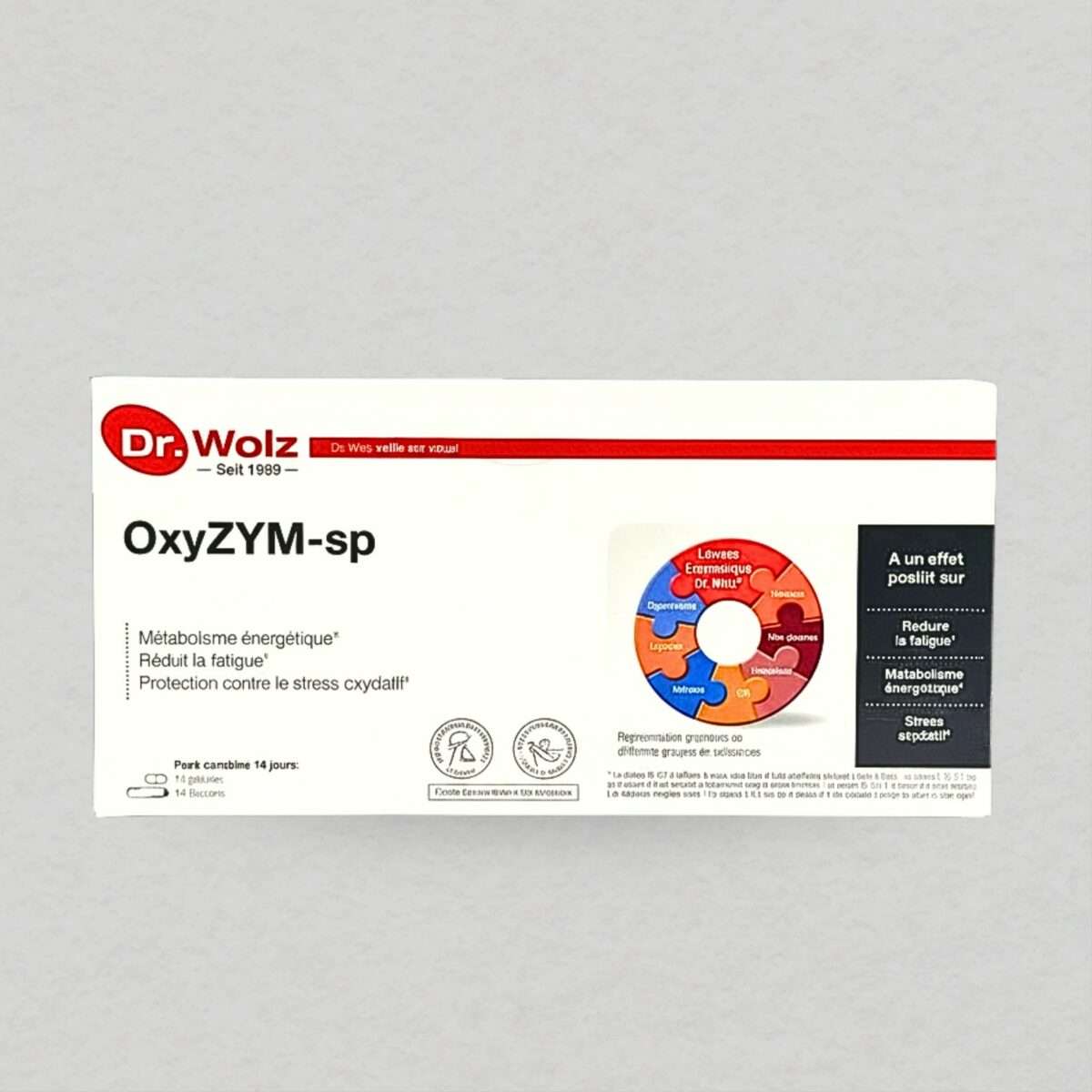 OxyZYM-sp Dr. Wolz face avant de la boîte de complément alimentaire à base de levures enzymatiques, vitamines et minéraux